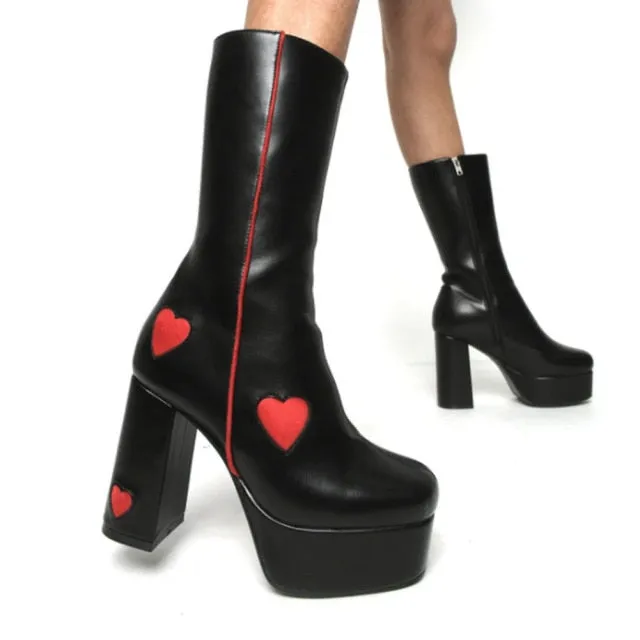 Love Knee High Platform Chunky High Heels Heart Print Boot