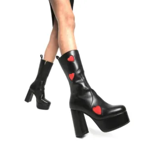 Love Knee High Platform Chunky High Heels Heart Print Boot
