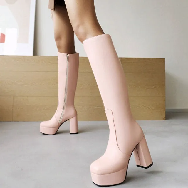 Love Knee High Platform Chunky High Heels Heart Print Boot