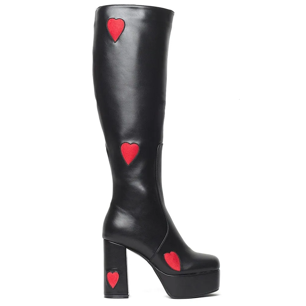 Love Knee High Platform Chunky High Heels Heart Print Boot
