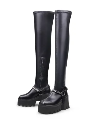Lug Sole Chain Strap Over Knee Leather Boot - Black