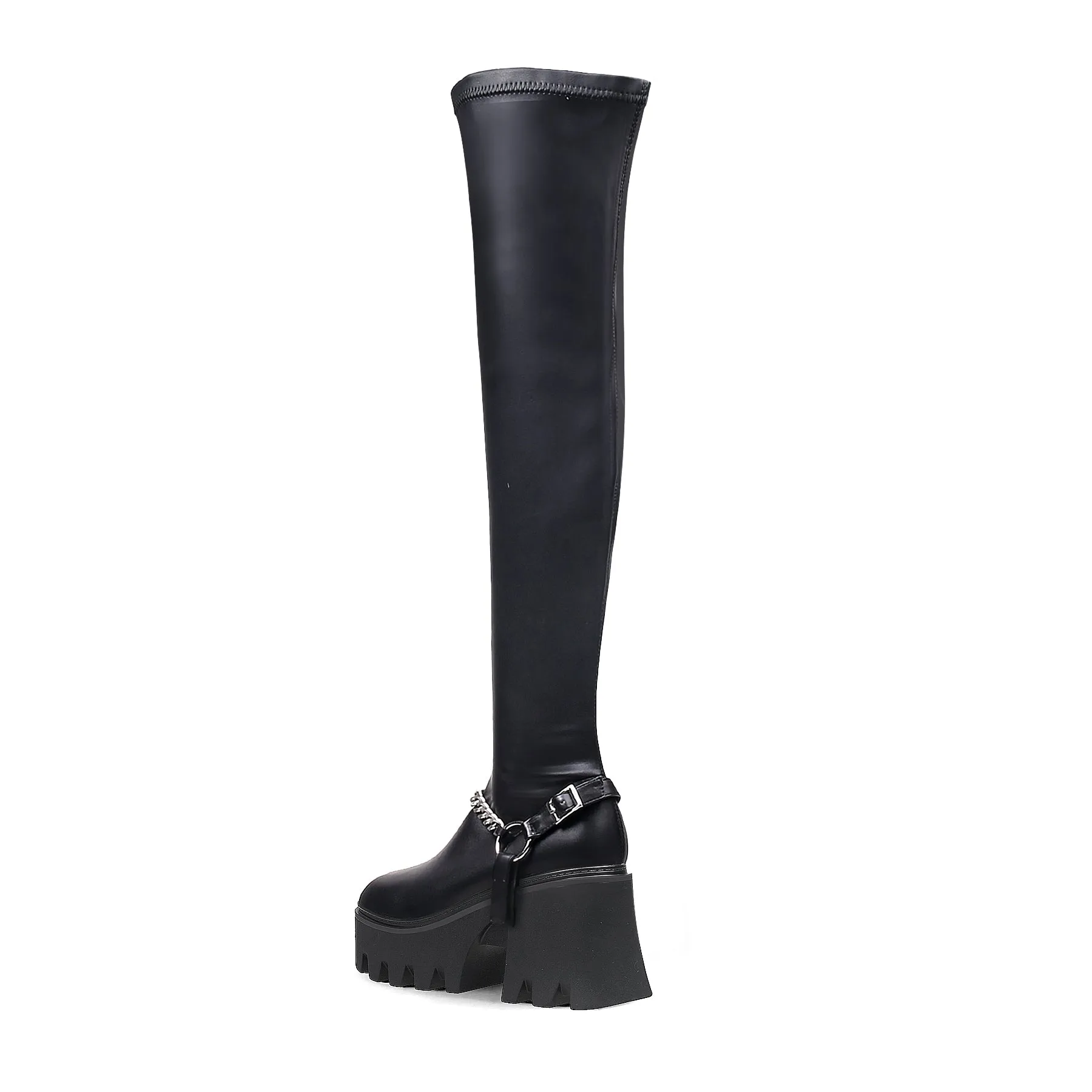 Lug Sole Chain Strap Over Knee Leather Boot - Black