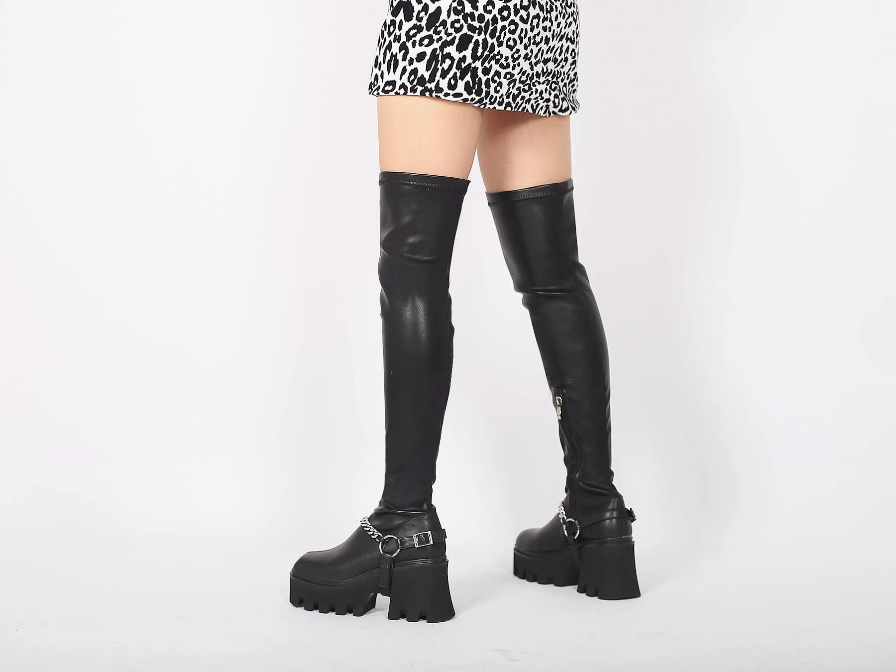 Lug Sole Chain Strap Over Knee Leather Boot - Black