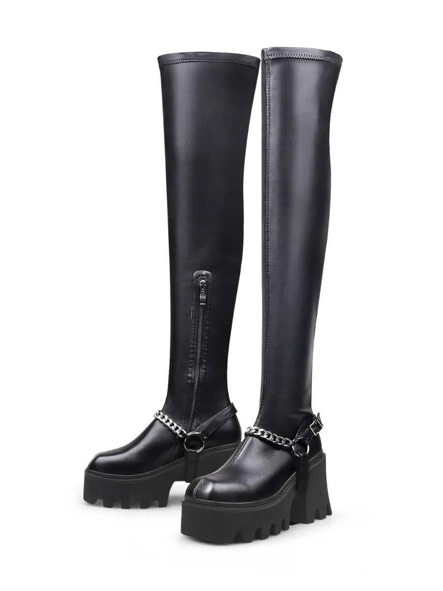 Lug Sole Chain Strap Over Knee Leather Boot - Black