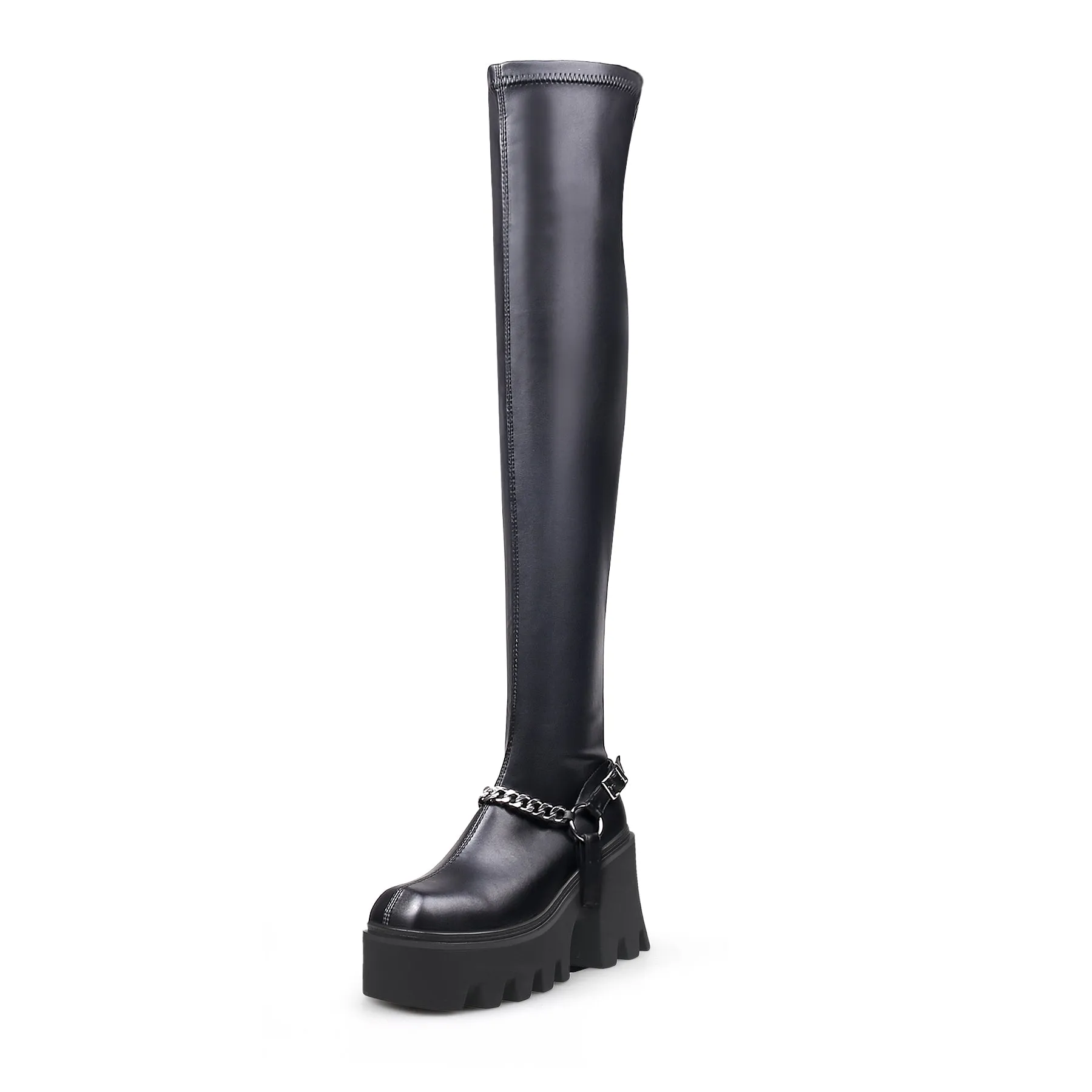 Lug Sole Chain Strap Over Knee Leather Boot - Black