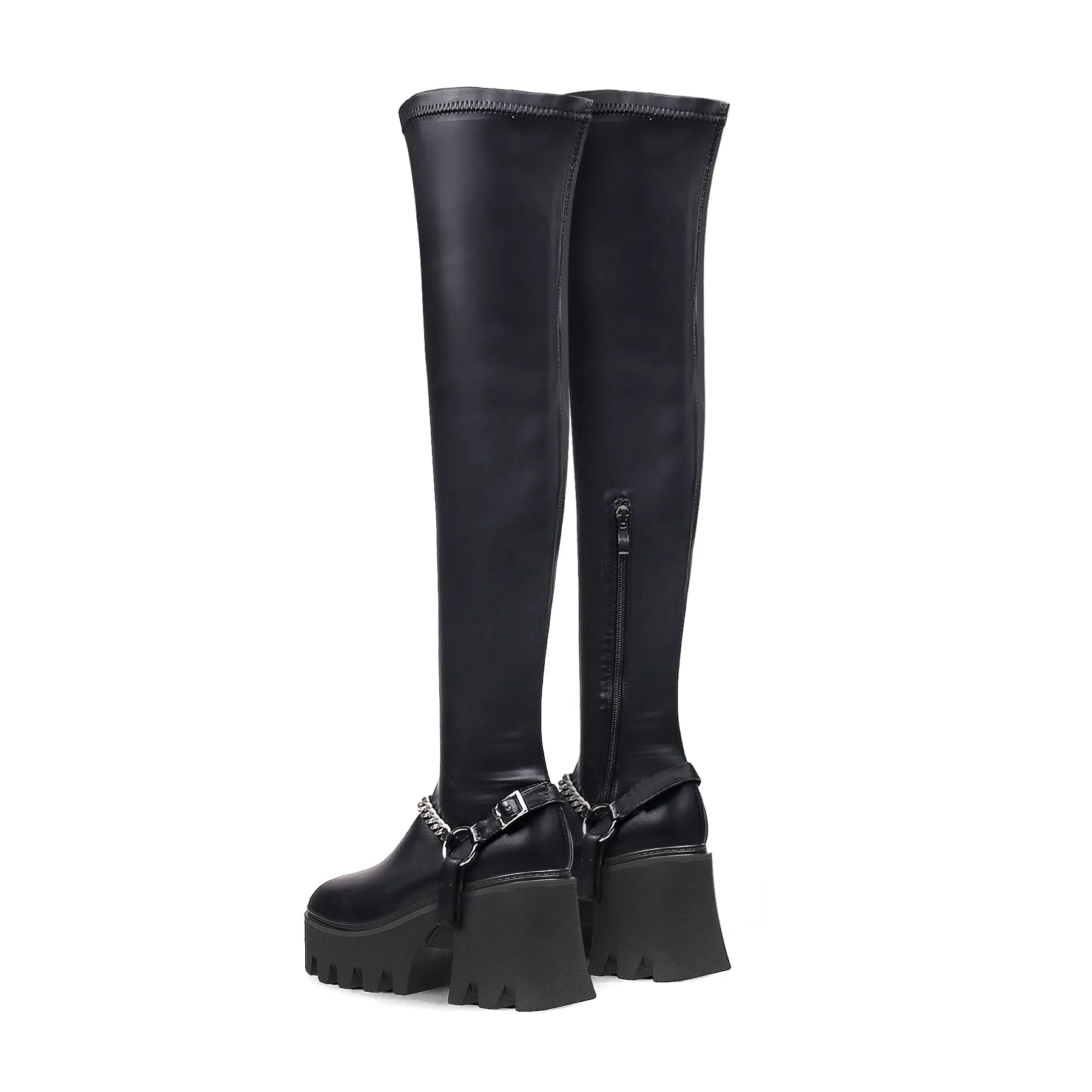 Lug Sole Chain Strap Over Knee Leather Boot - Black