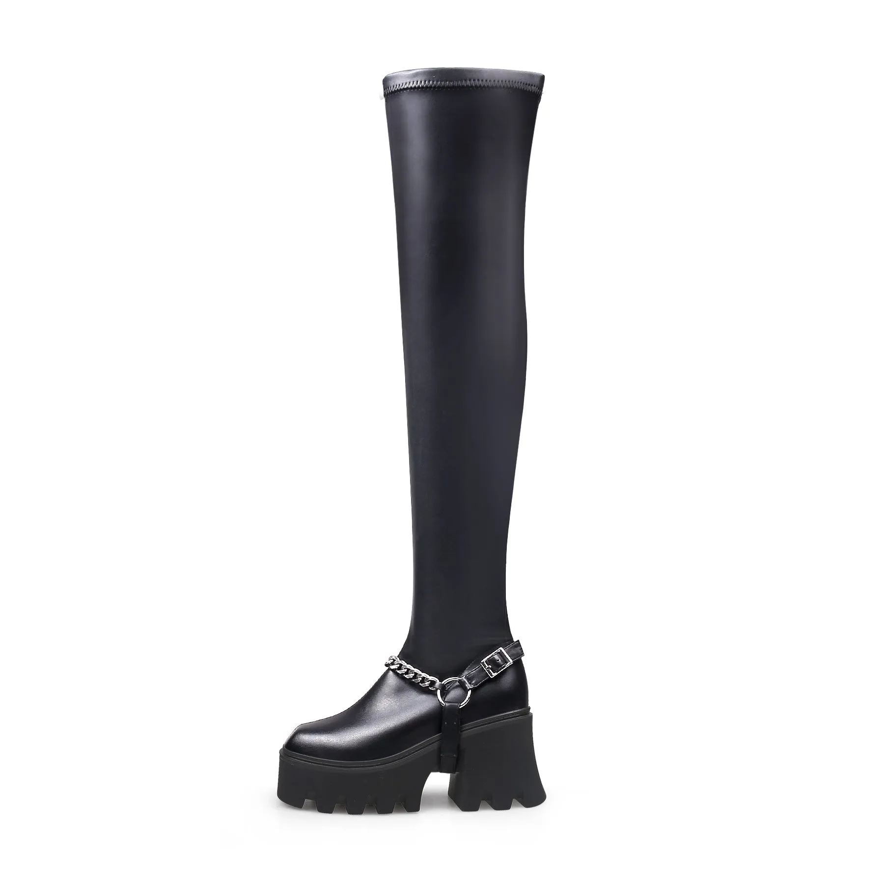 Lug Sole Chain Strap Over Knee Leather Boot - Black