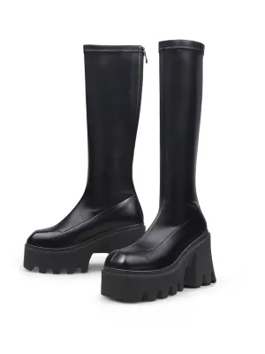 Lug Sole Knee High Leather Boot - Black