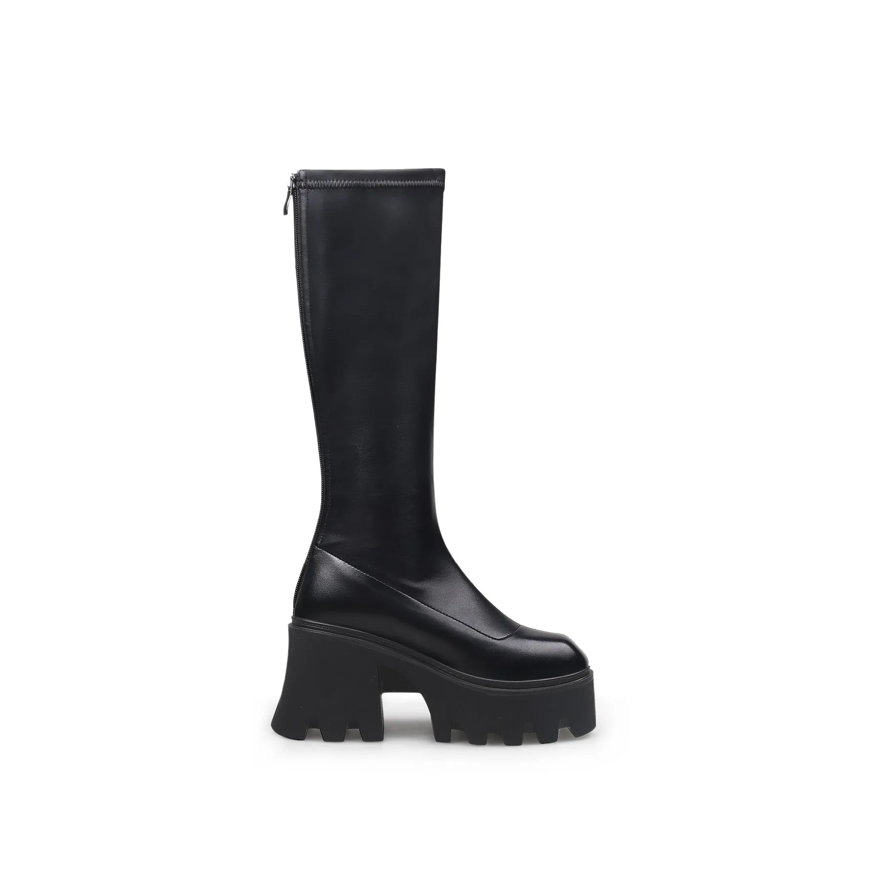 Lug Sole Knee High Leather Boot - Black