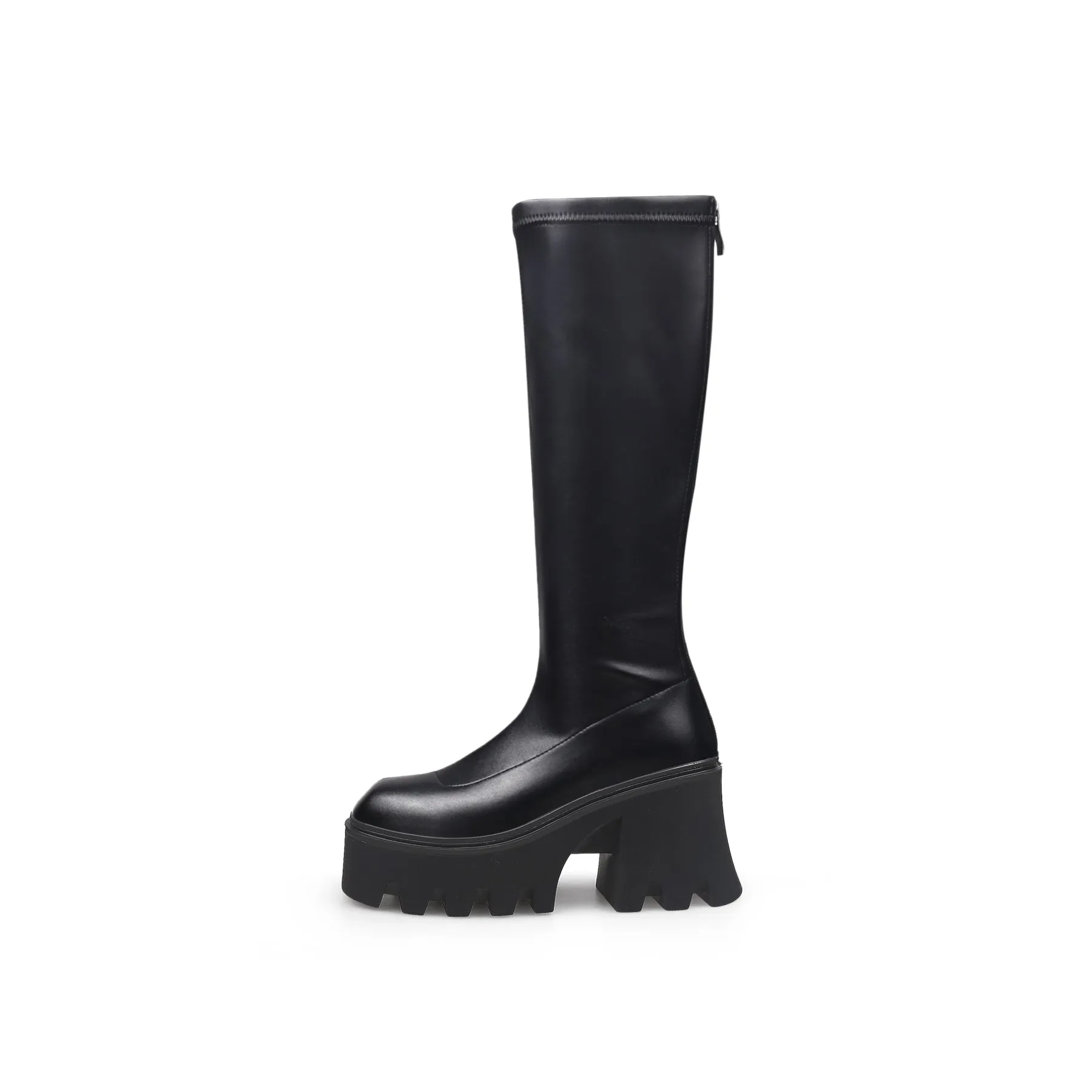 Lug Sole Knee High Leather Boot - Black