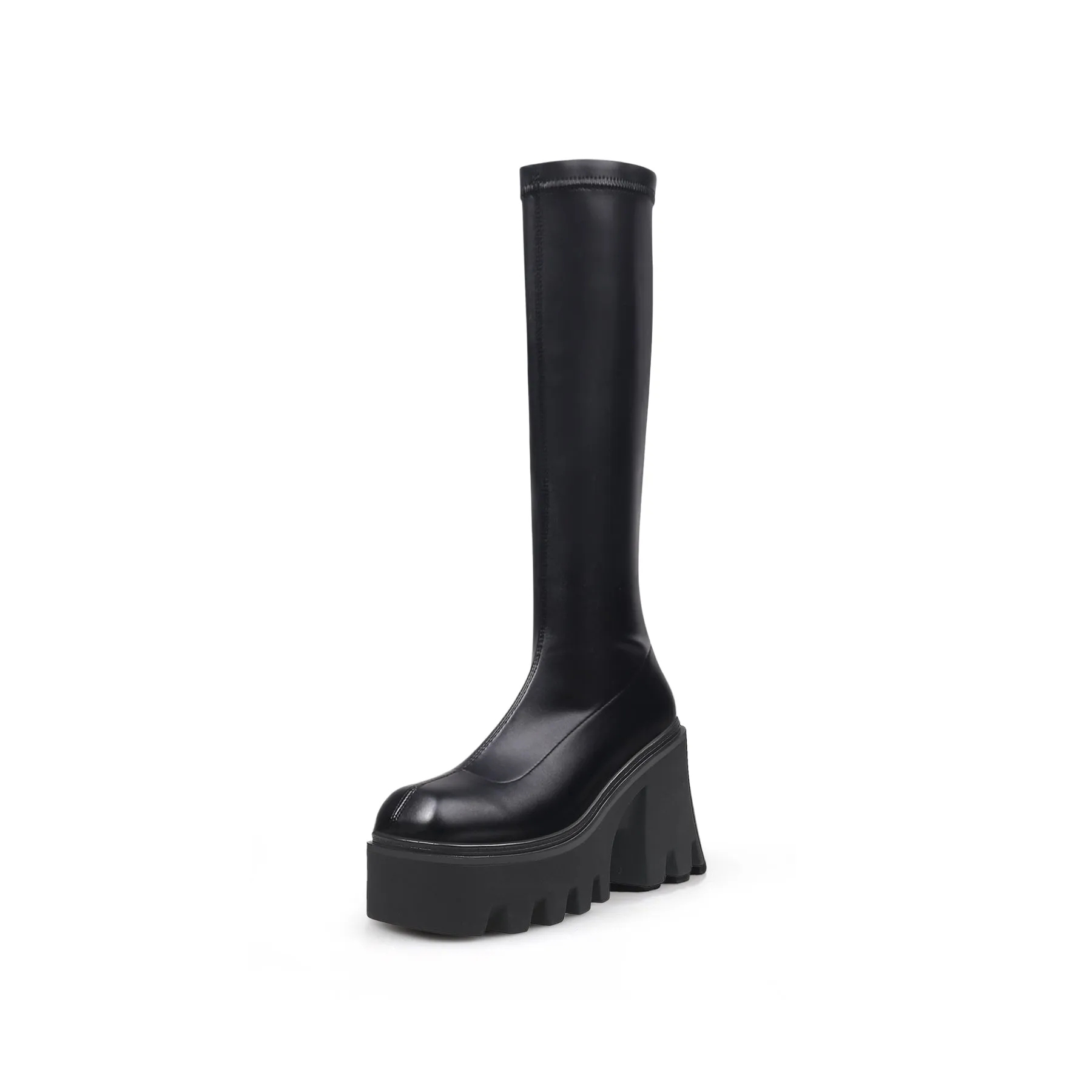 Lug Sole Knee High Leather Boot - Black