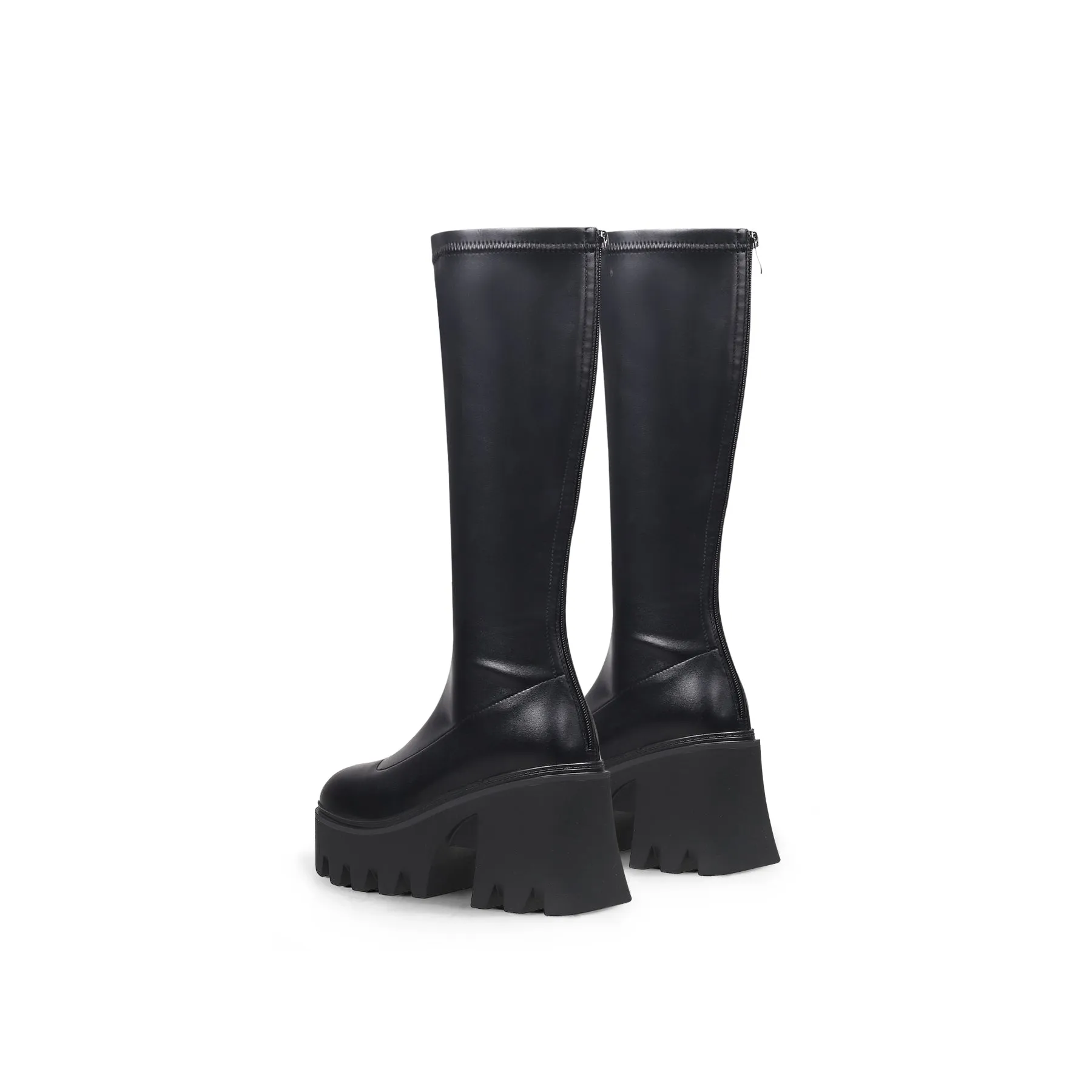 Lug Sole Knee High Leather Boot - Black