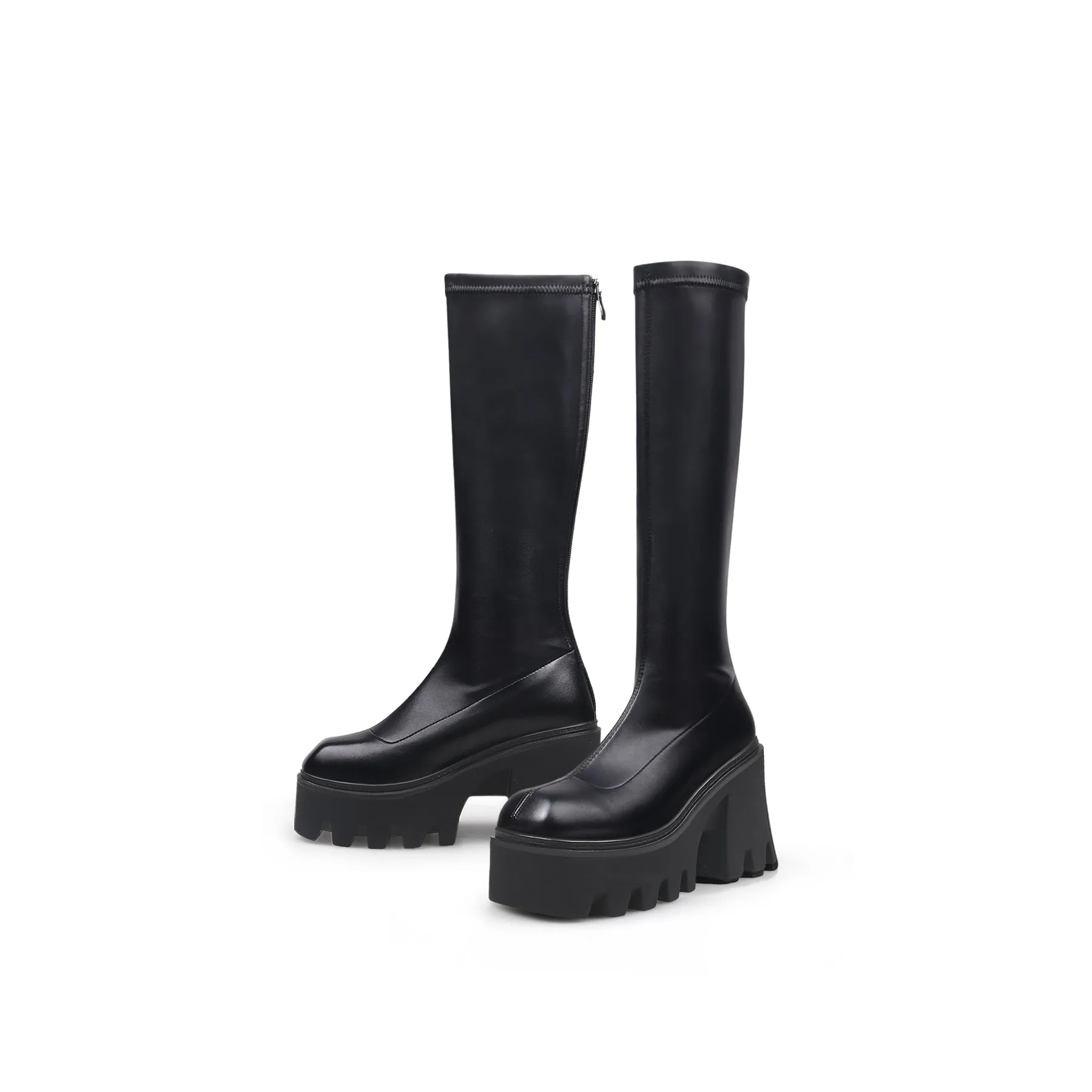 Lug Sole Knee High Leather Boot - Black