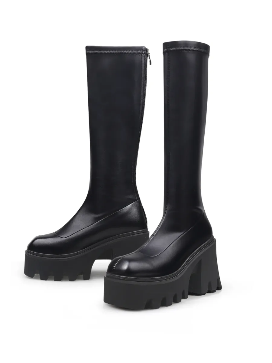 Lug Sole Knee High Leather Boot - Black