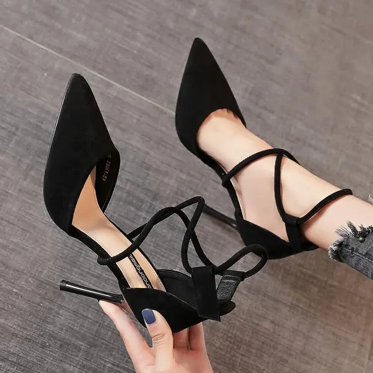 LVSANW 2024 New Cross-strap Roman Sandals Suede High Heels Women's Shoes One-line Buckle Fine Heel Pointed Sandals Zapatos De Mujer