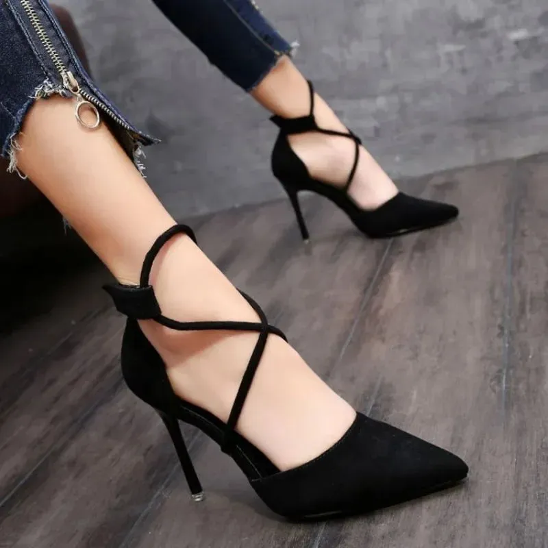 LVSANW 2024 New Cross-strap Roman Sandals Suede High Heels Women's Shoes One-line Buckle Fine Heel Pointed Sandals Zapatos De Mujer