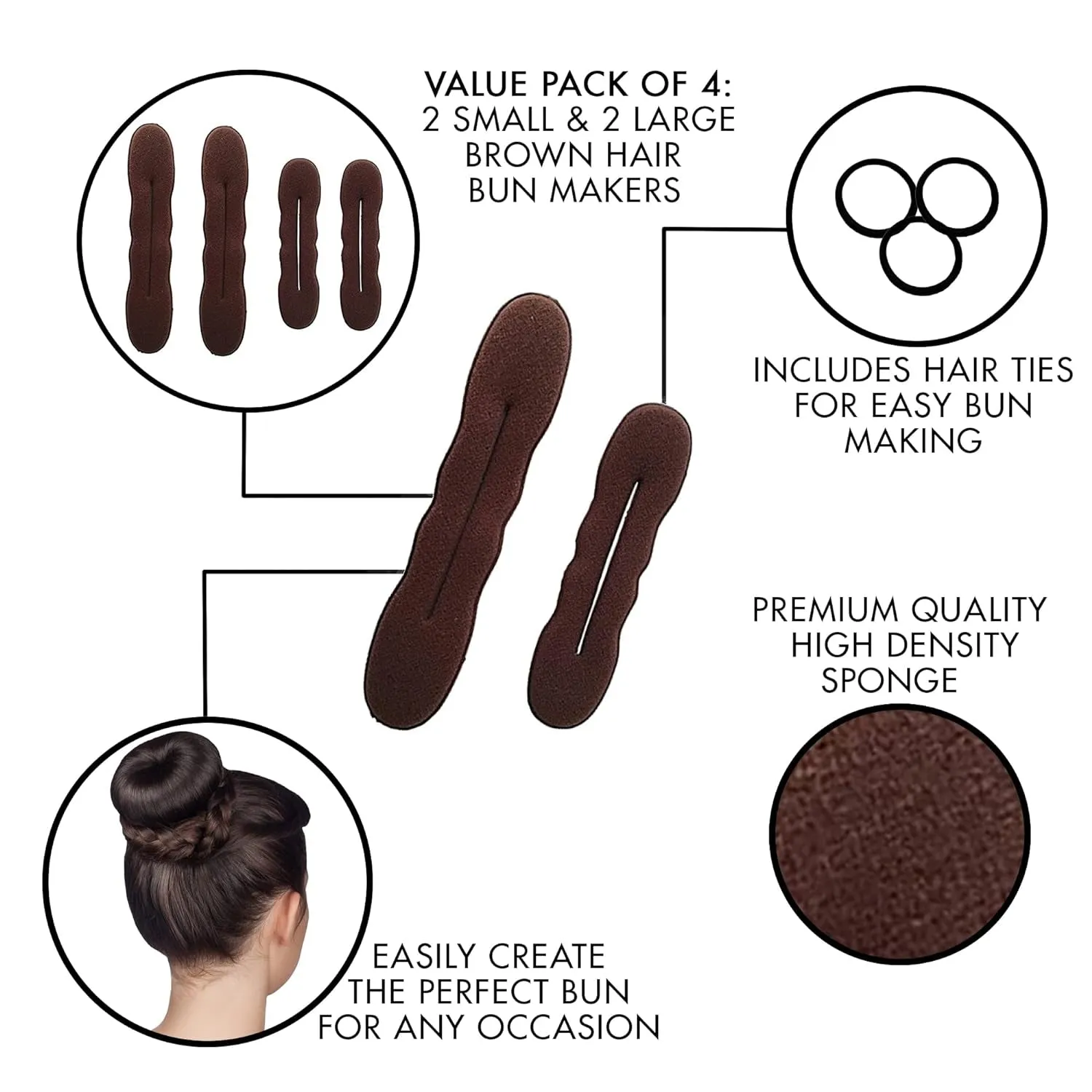 Magic Bun Maker (2 Small, 2 Large) Foam Sponge Bun Shaper Hair Accessories (Brunette)