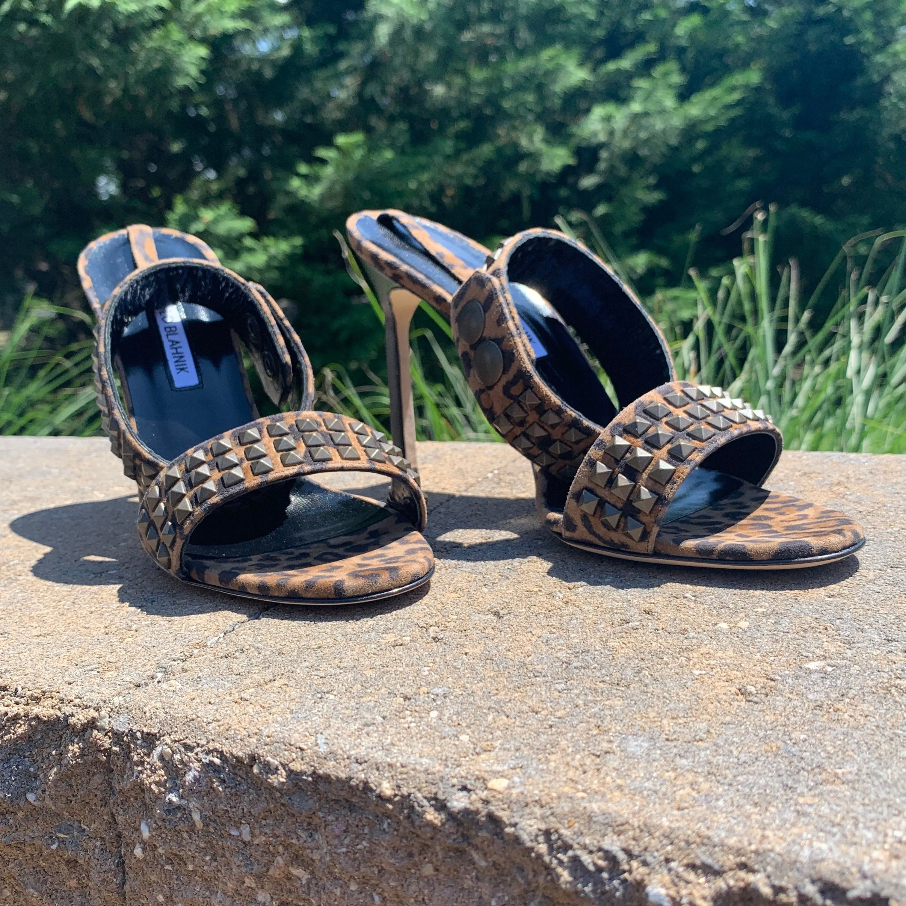 Manolo Blahnik Rocco Studded-toe Heeled Sandal in Leopard Print