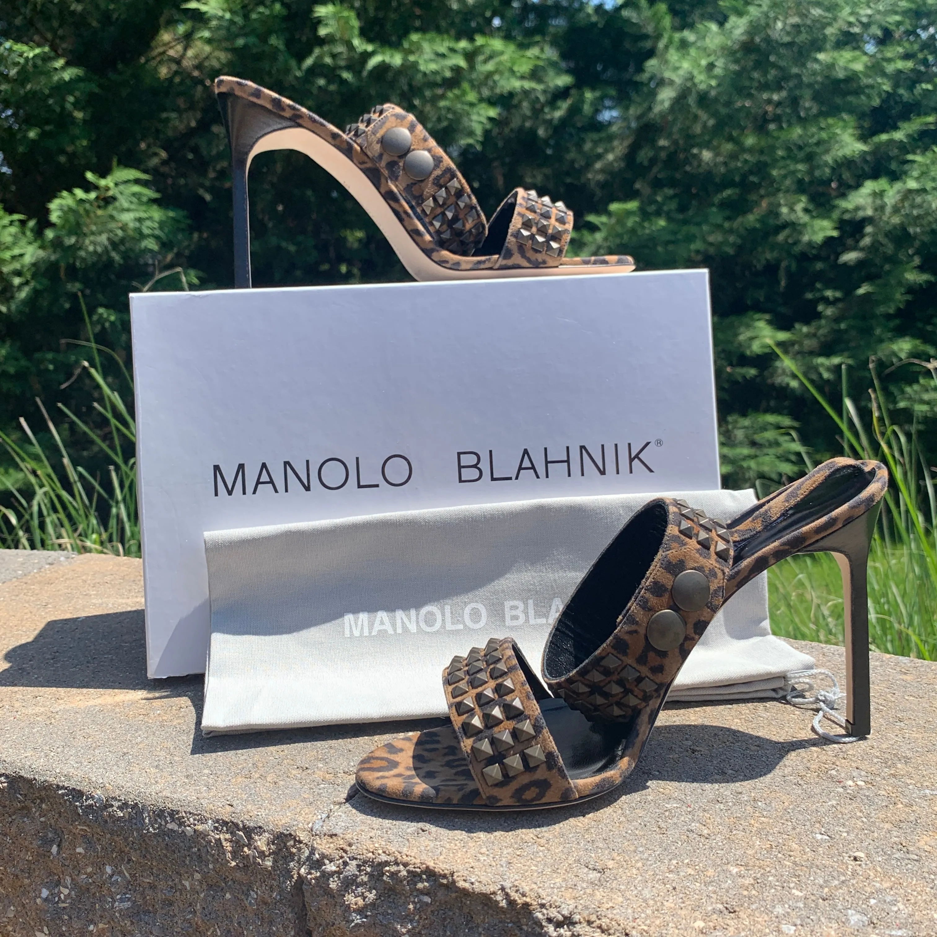 Manolo Blahnik Rocco Studded-toe Heeled Sandal in Leopard Print