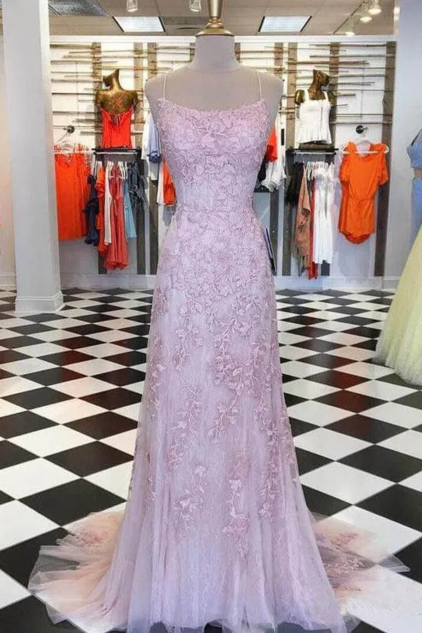 Mermaid Spaghetti Straps Criss Cross Light Blue Lace Long Prom Dresses PG721