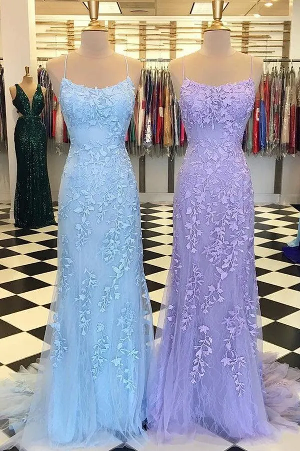 Mermaid Spaghetti Straps Criss Cross Light Blue Lace Long Prom Dresses PG721