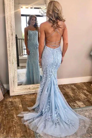 Mermaid Spaghetti Straps Criss Cross Light Blue Lace Long Prom Dresses PG721