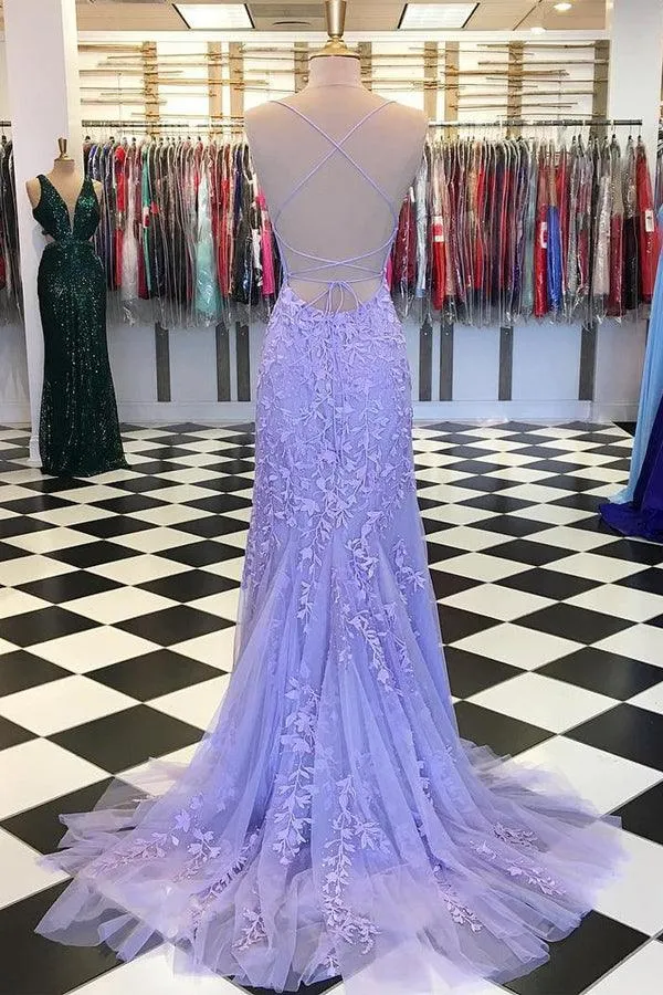 Mermaid Spaghetti Straps Criss Cross Light Blue Lace Long Prom Dresses PG721