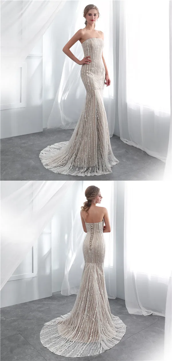 Mermaid Strapless Lace Appliques Lace up Back Wedding Dresses, WD0465