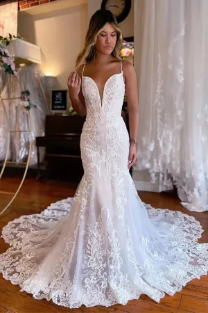 Mermaid Straps Chapel Train Boho Wedding Dress With Appliques TD0015