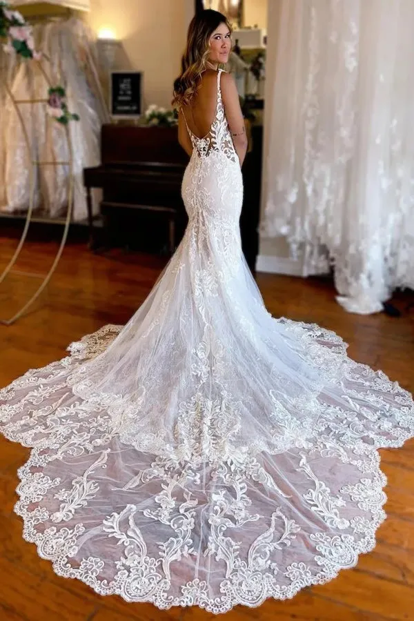 Mermaid Straps Chapel Train Boho Wedding Dress With Appliques TD0015