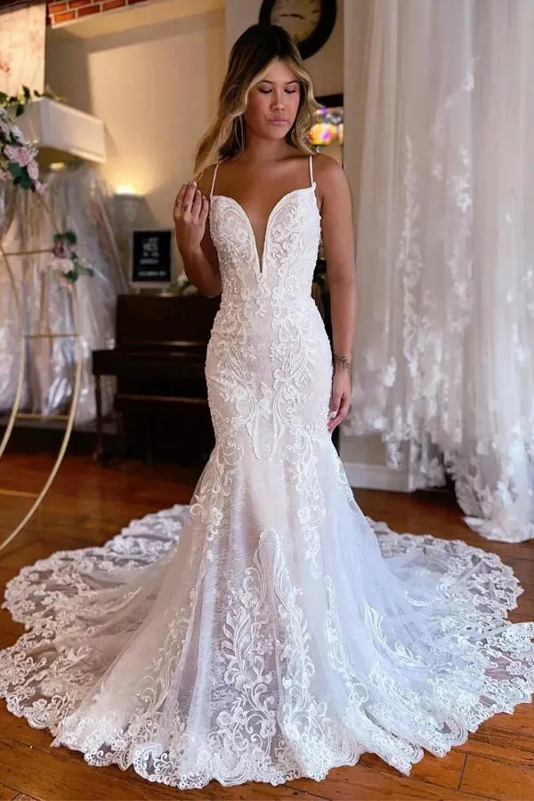 Mermaid Straps Chapel Train Boho Wedding Dress With Appliques TD0015