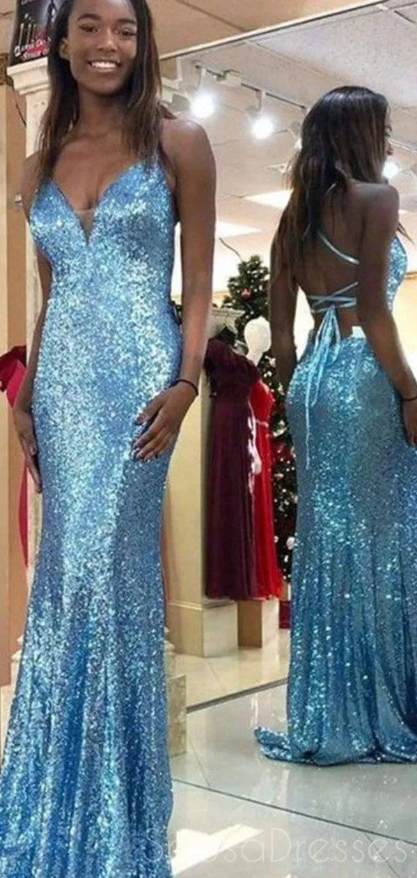 Mermaid V Neck Sleeveless Lace Up Prom Dresses, Sweet 16 Prom Dresses, 12458