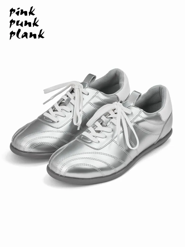 metallic silver lace-up sneakers