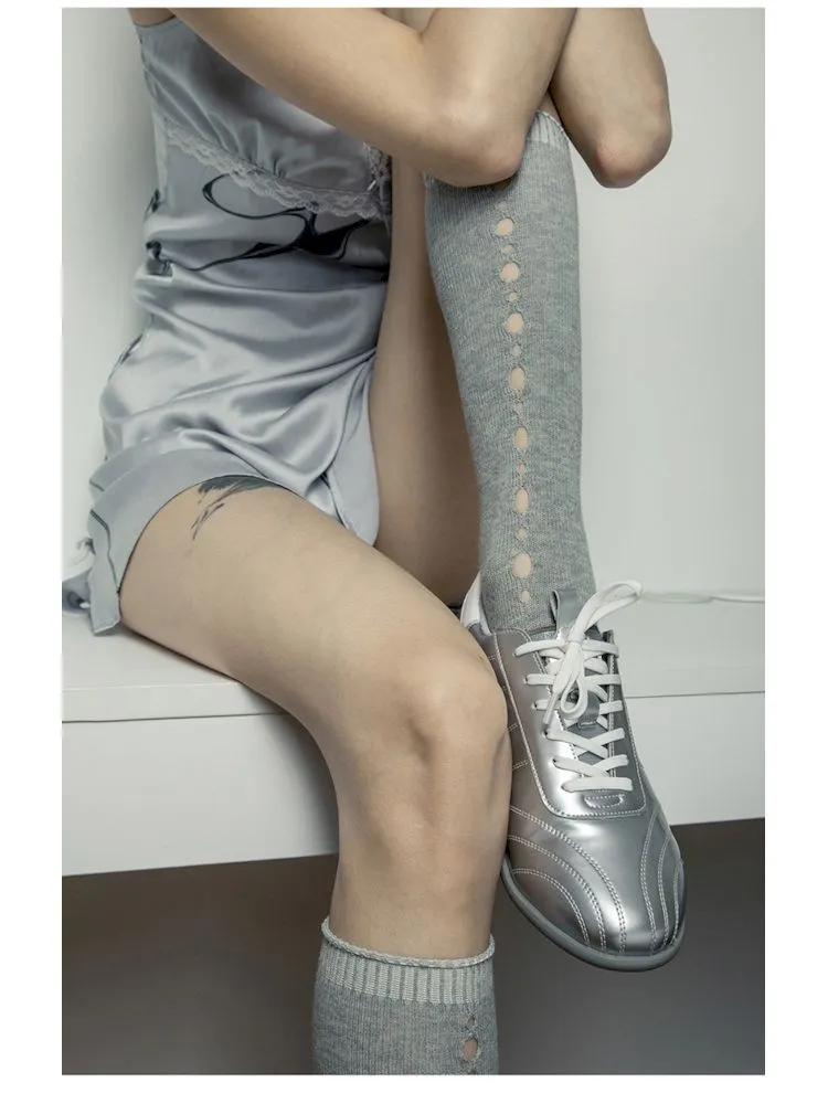 metallic silver lace-up sneakers