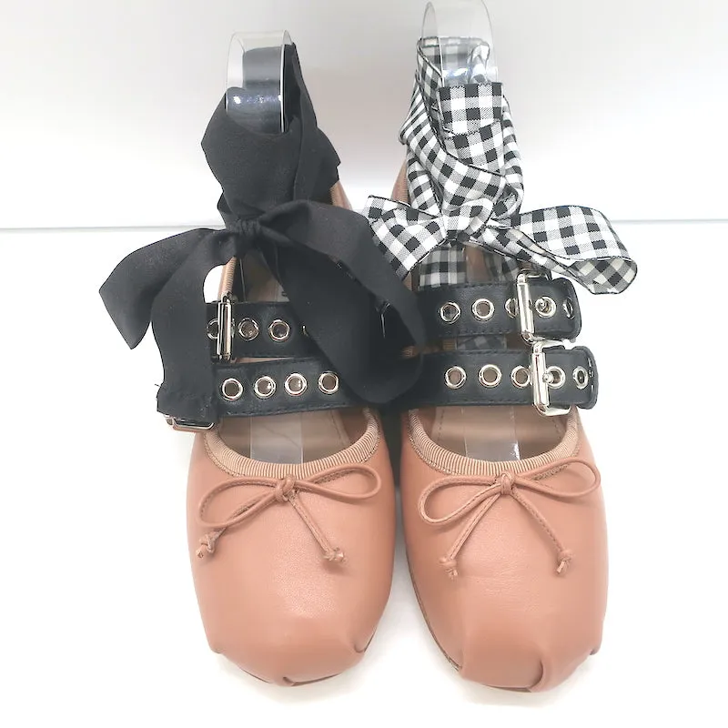 Miu Miu Buckled Ankle Tie Ballet Flats Pink Leather Size 36.5 NEW