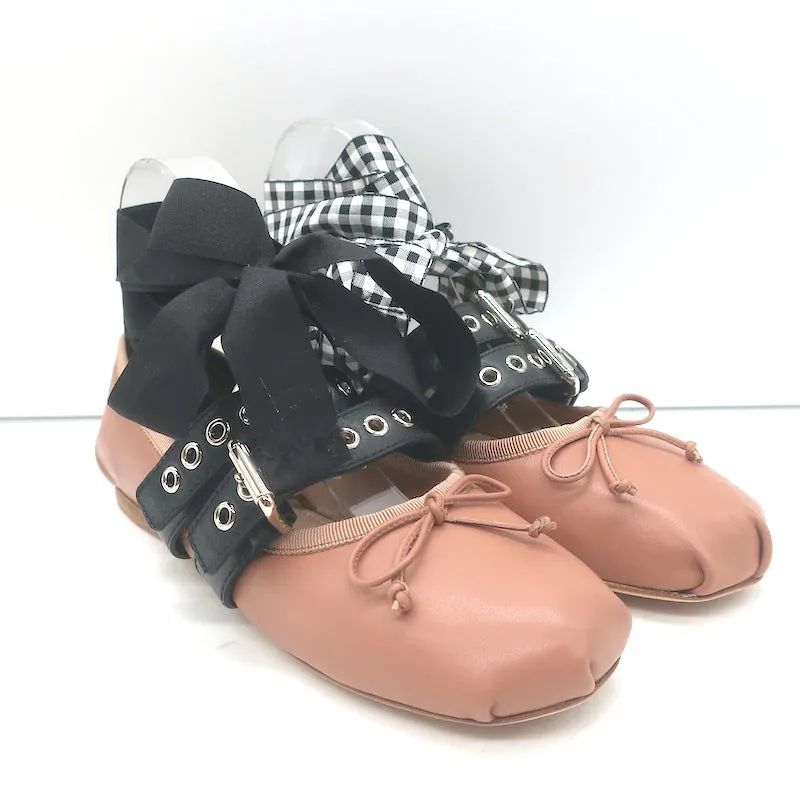 Miu Miu Buckled Ankle Tie Ballet Flats Pink Leather Size 36.5 NEW