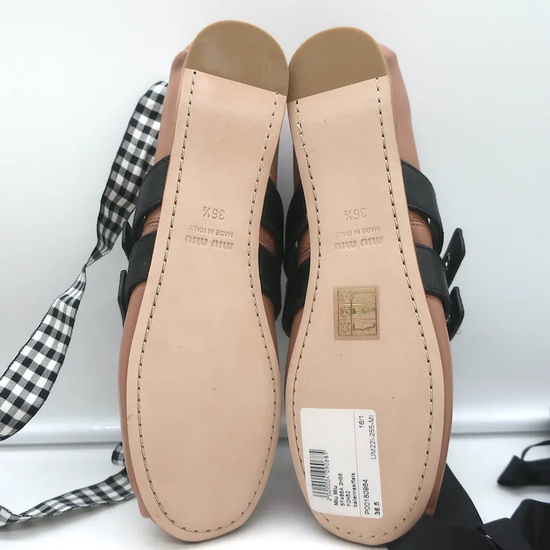 Miu Miu Buckled Ankle Tie Ballet Flats Pink Leather Size 36.5 NEW