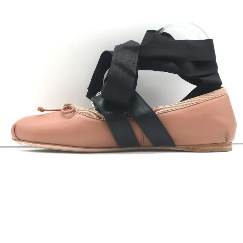 Miu Miu Buckled Ankle Tie Ballet Flats Pink Leather Size 36.5 NEW