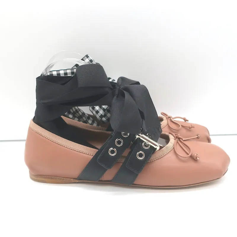 Miu Miu Buckled Ankle Tie Ballet Flats Pink Leather Size 36.5 NEW