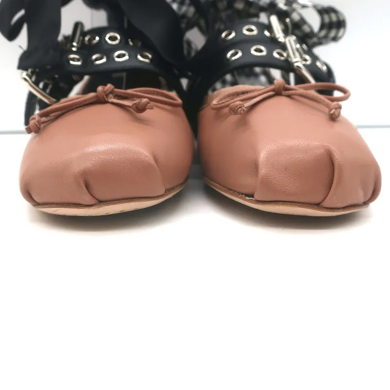 Miu Miu Buckled Ankle Tie Ballet Flats Pink Leather Size 36.5 NEW