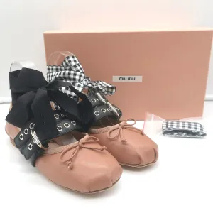 Miu Miu Buckled Ankle Tie Ballet Flats Pink Leather Size 36.5 NEW