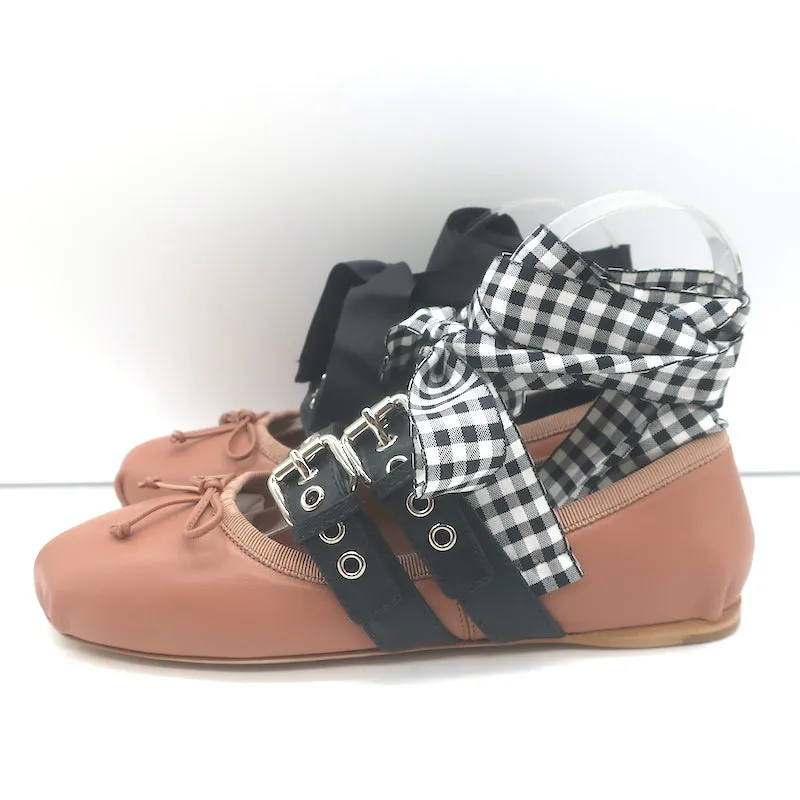 Miu Miu Buckled Ankle Tie Ballet Flats Pink Leather Size 36.5 NEW
