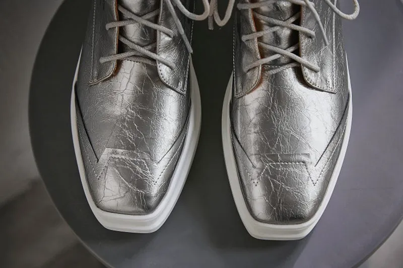 Muffin Shoes Silver Casual Elevator Women Ankle Boots Medium Heel Platform Booties Patent Leather Square Toe Flatform Wedge