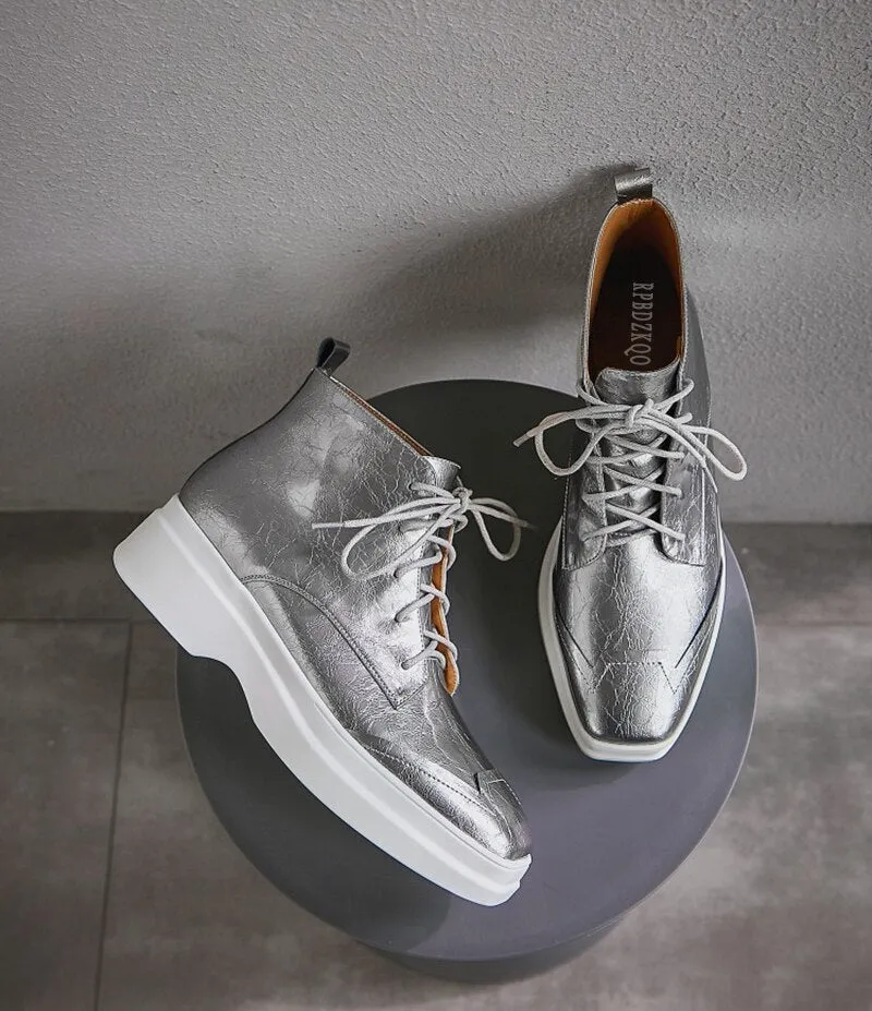 Muffin Shoes Silver Casual Elevator Women Ankle Boots Medium Heel Platform Booties Patent Leather Square Toe Flatform Wedge