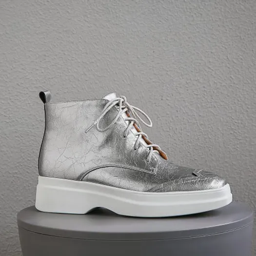 Muffin Shoes Silver Casual Elevator Women Ankle Boots Medium Heel Platform Booties Patent Leather Square Toe Flatform Wedge
