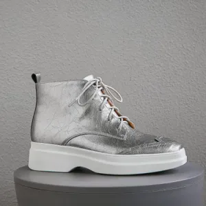 Muffin Shoes Silver Casual Elevator Women Ankle Boots Medium Heel Platform Booties Patent Leather Square Toe Flatform Wedge