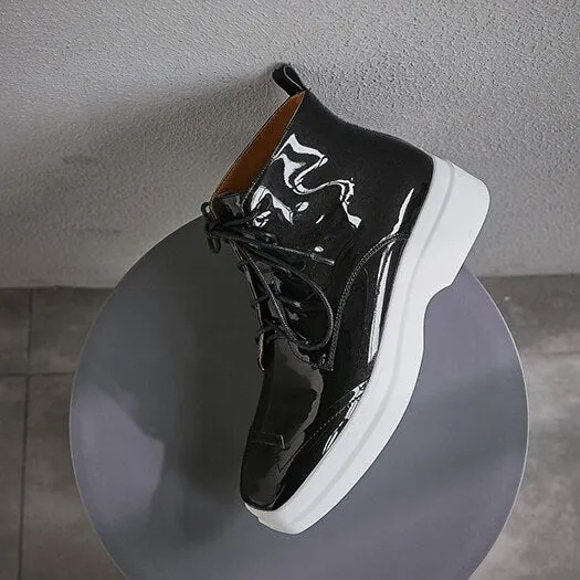Muffin Shoes Silver Casual Elevator Women Ankle Boots Medium Heel Platform Booties Patent Leather Square Toe Flatform Wedge
