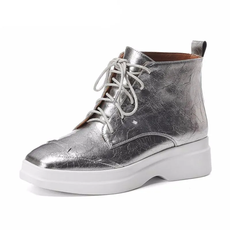 Muffin Shoes Silver Casual Elevator Women Ankle Boots Medium Heel Platform Booties Patent Leather Square Toe Flatform Wedge