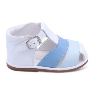 'Myles' Boys White Leather with Pale Blue & Blue T-Bar Sandals