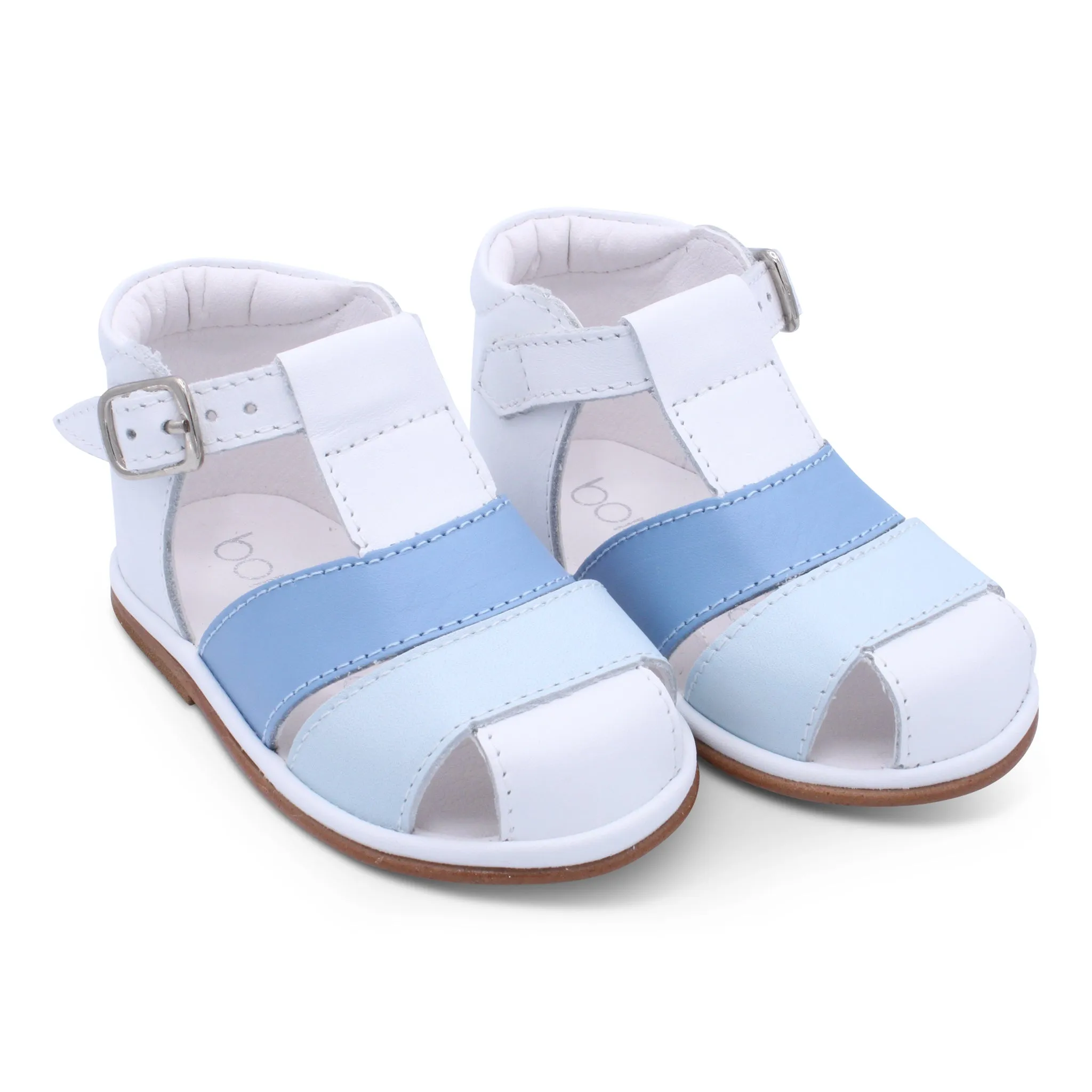 'Myles' Boys White Leather with Pale Blue & Blue T-Bar Sandals